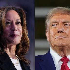 A portrait of Kamala Harris (left) and Donald Trump (right).