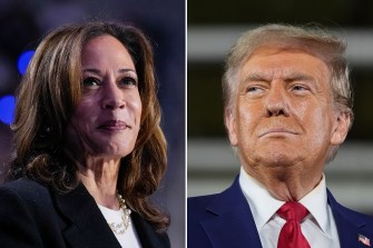 A portrait of Kamala Harris (left) and Donald Trump (right).