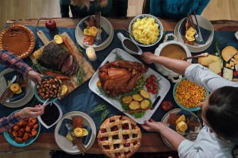 A table full of thanksgiving food.