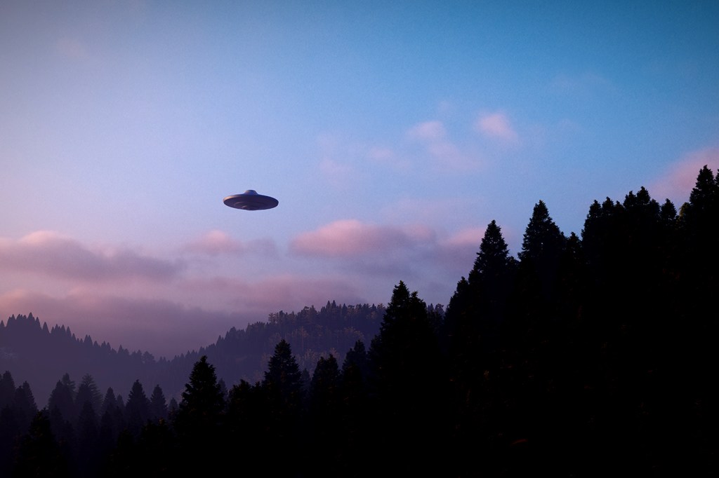 An illustration of a UFO flying over a forest.