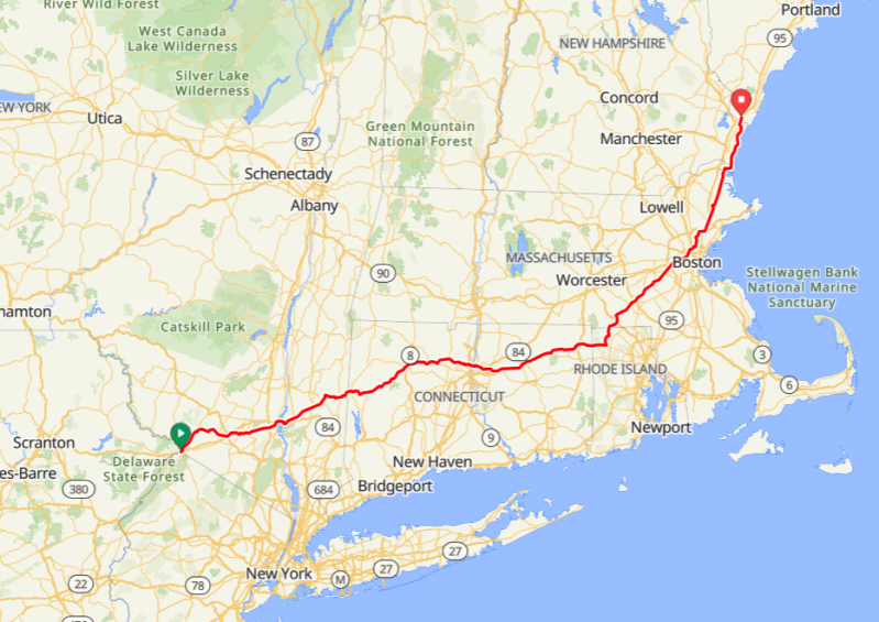 A map of the Northeastern United States, showing a path from the Delaware State Forest in Pennsylvania through New Jersey, New York state, Connecticut, Rhode Island, Massachusetts, New Hampshire, and ending in Kittery, Maine, south of Portland.