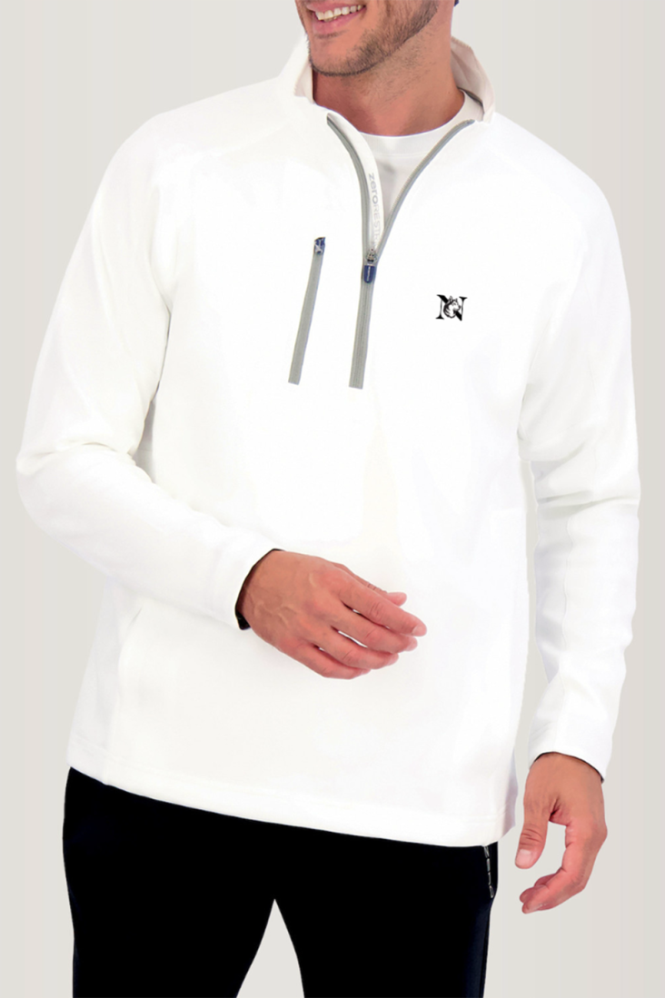 A white Northeastern branded quarter zip.