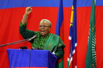 Netumbo Nandi-Ndaitwah, speaking passionately at a podium.