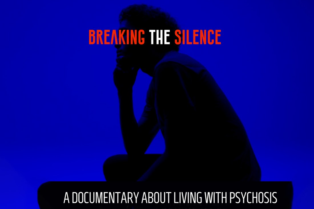 A Breaking the Silence poster that shows the silhouette of a person on a dark, vibrant blue background.