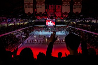 A crowd cheers from Northeastern's women's hockey team during the Women's Beanpot semifinal game against Boston College.