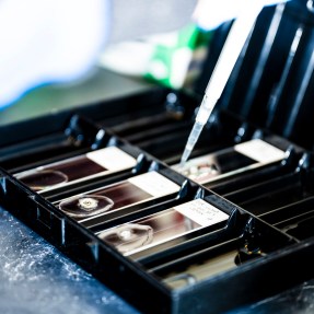 A black lab container with a series of slots and a pipette filling the slots with a test liquid.