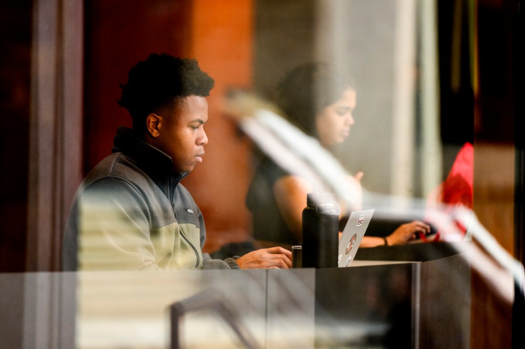 Students work on laptops in a quiet study space.