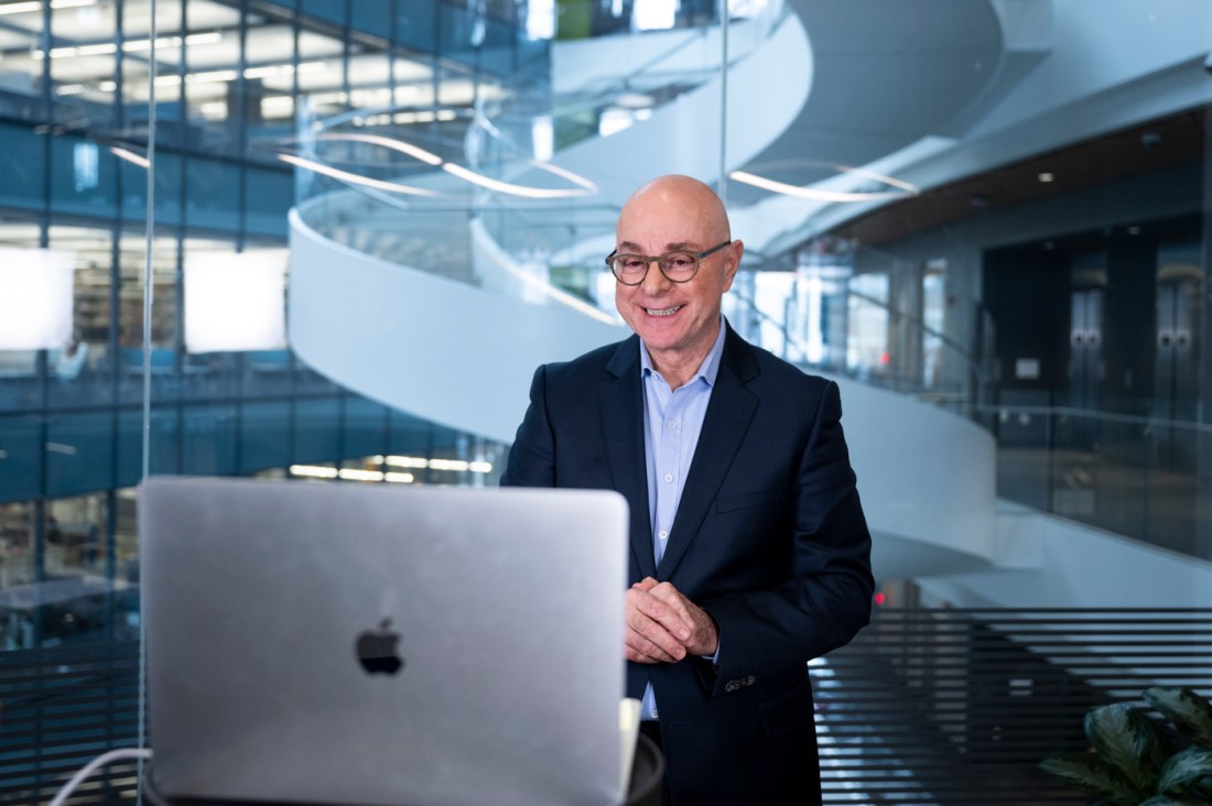Northeastern President Joseph E. Aoun smiles while speaking virtually on AI in higher education from ISEC.