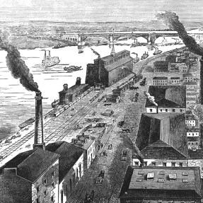 A black and white historical drawing of smoke rising out of chimneys and smoke stacks on buildings in St. Louis Missouri along the river.