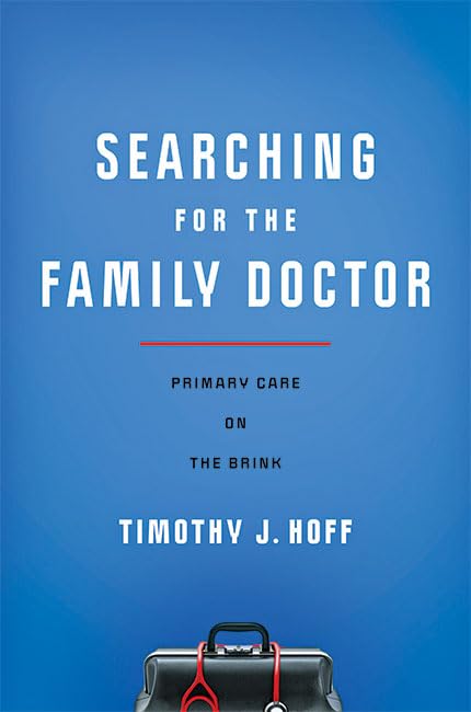 The cover of 'Searching for the Family Doctor' which has a blue background and the title in white text. At the bottom of the cover, a doctors briefcase with a stethoscope draped over is half cut off by the bottom of the cover.