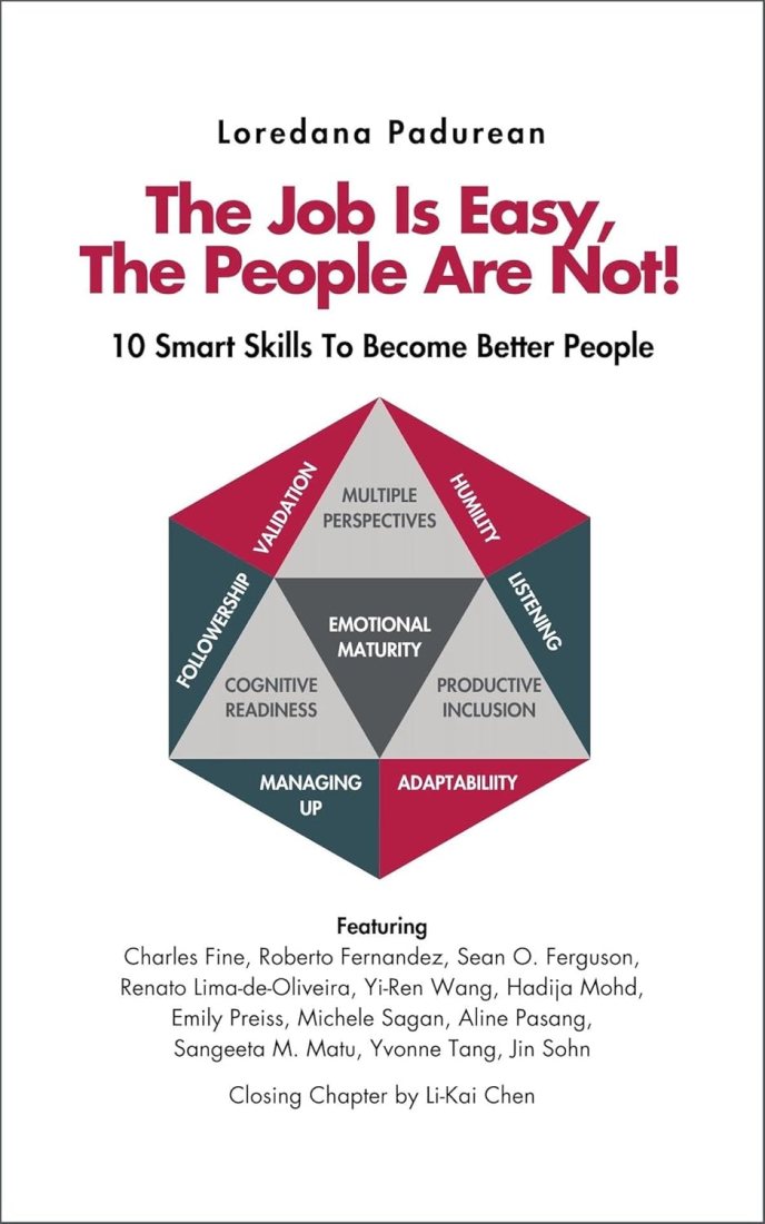 The cover of 'The Job is Easy, the People Are Not' with a white background and a geometrical shape split up into different sections like 'Multiple Perspectives,' 'Emotional Maturity,' 'Cognitive Readiness,' etc. The title is written on it in red sans font.