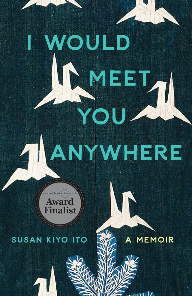 The cover of 'I would meet you anywhere' with a dark blue background and origami paper cranes on it. The title is in a turquoise all capitalized font.