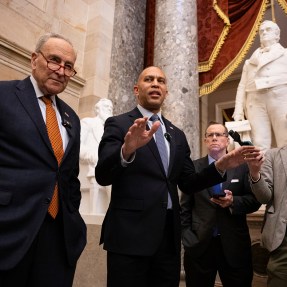 Chuck Schumer and Hakeem Jeffries speaking with reporters at the Capitol.