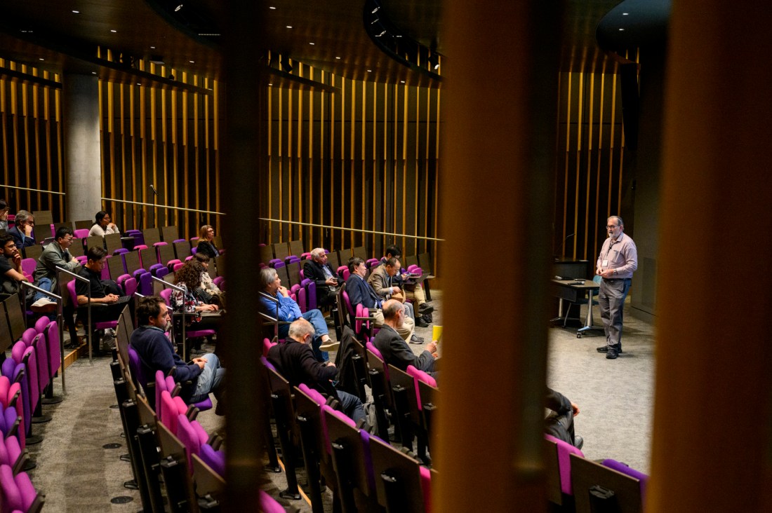 Herbert Levine standing in front of an auditorium speaking.