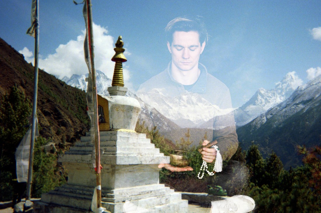 A multiple exposure portrait of Evan Kenny meditating while holding singing bowls with a temple in the Himalayas overlaid.