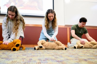 Three people kneeling on the ground with stuffed animals in front of them, prepared to give them mock CPR.