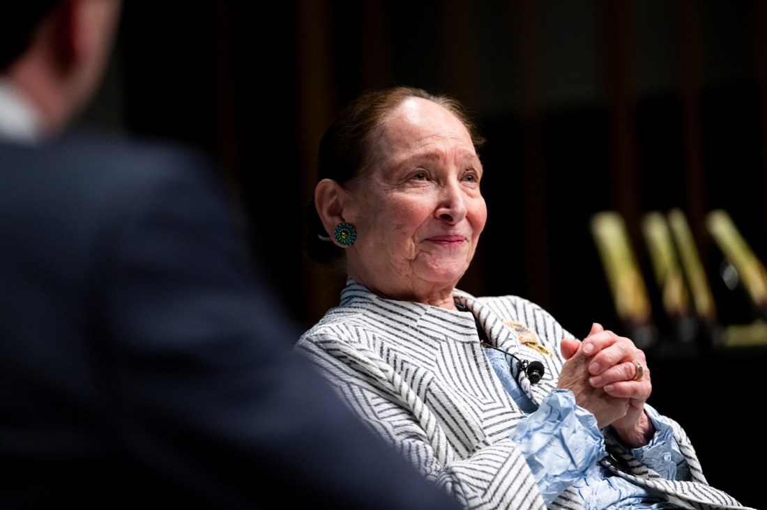 Justice Rosalie Abella smiles while speaking at Northeastern’s Ruderman Memorial Lecture.