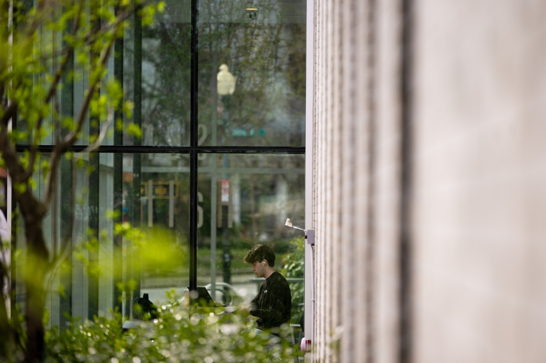 A member of the Northeastern community sitting outside working on their laptop.