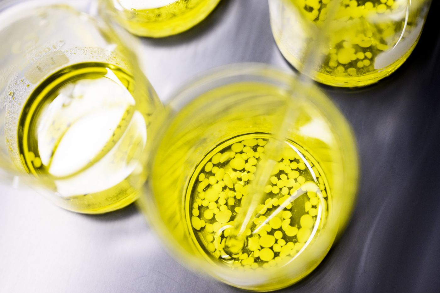 Beakers of a yellow liquid being used to create cosmetics in a lab.
