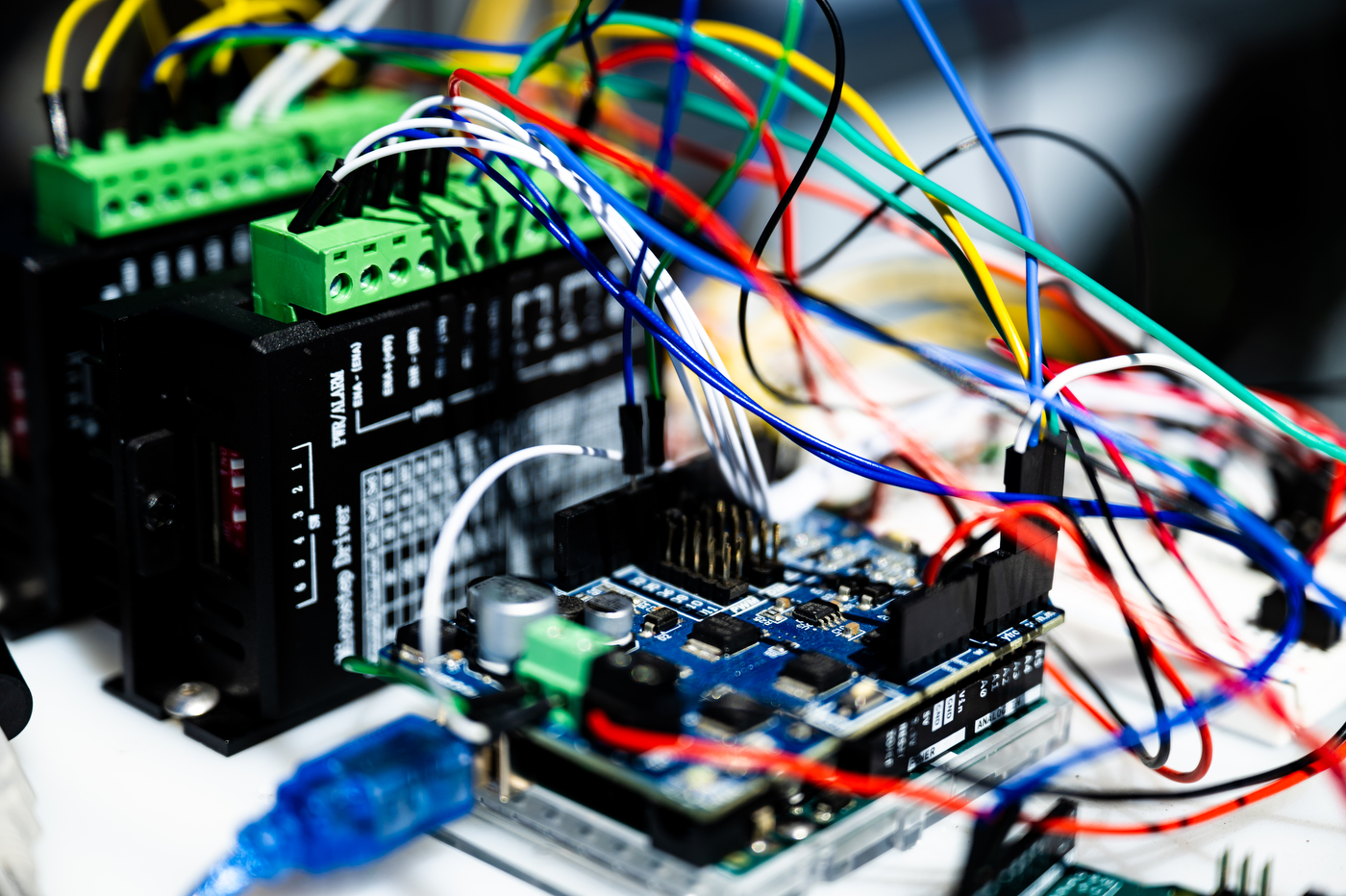 Wires extending from an engineering capstone project.