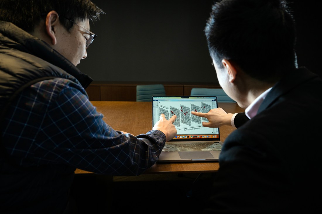Anh Nguyen and Max Bi working on a laptop with tissue regeneration models. 