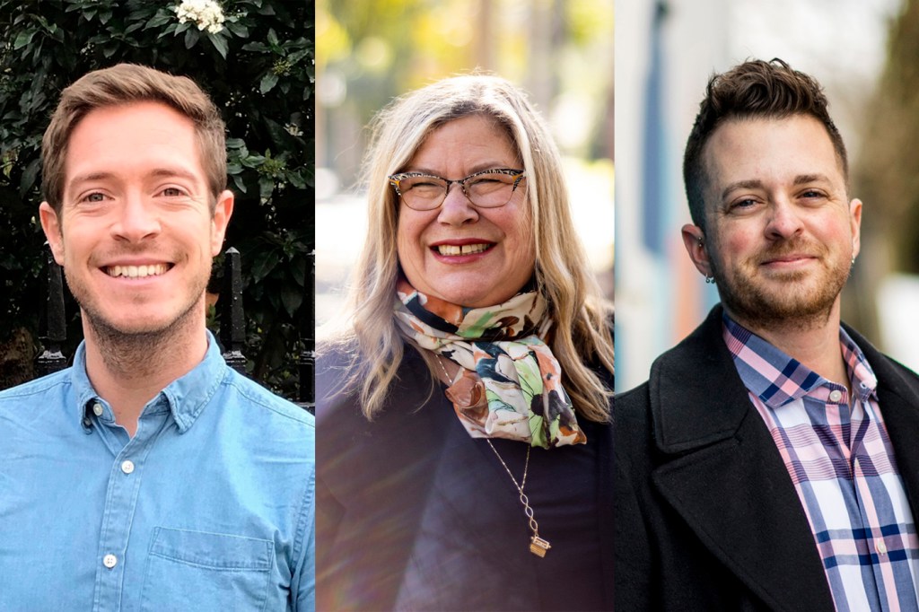 Portraits of Oliver Ayers (left), Kirsten Saxton (center), and K.J. Rawson (right).