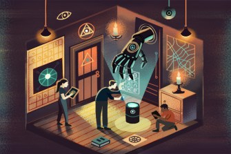 Illustration of three people solving puzzles inside an escape room as a robotic AI hand projects symbols to assist them, symbolizing immersive learning and artificial intelligence.