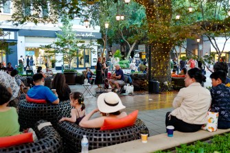 People sitting outside enjoying an outdoor performance.