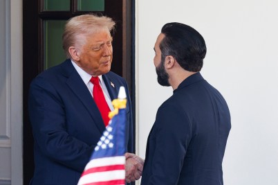 Donald Trump greeting Nayib Bukele outside of the White House.