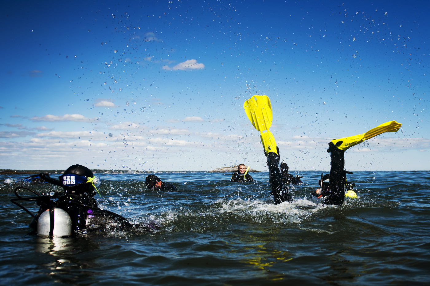 A student in scuba diving gear diving head first into the ocean off the coast of Nahant. Around them, other members of the Northeastern community in diving gear swim.