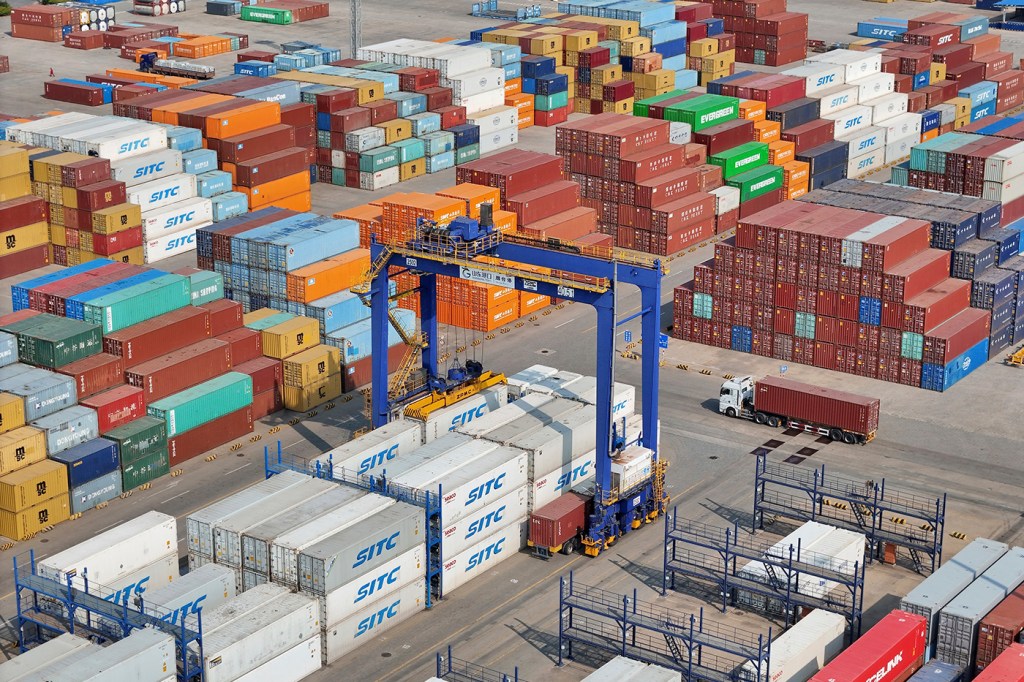 Shipping containers stacked in a terminal in China.