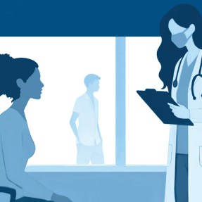 An illustration of a doctor wearing a white coat and a stethoscope around their neck standing in front of a patient who is sitting in a chair.
