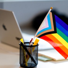 A Progress Pride flag displayed on an office desk next to a MacBook.