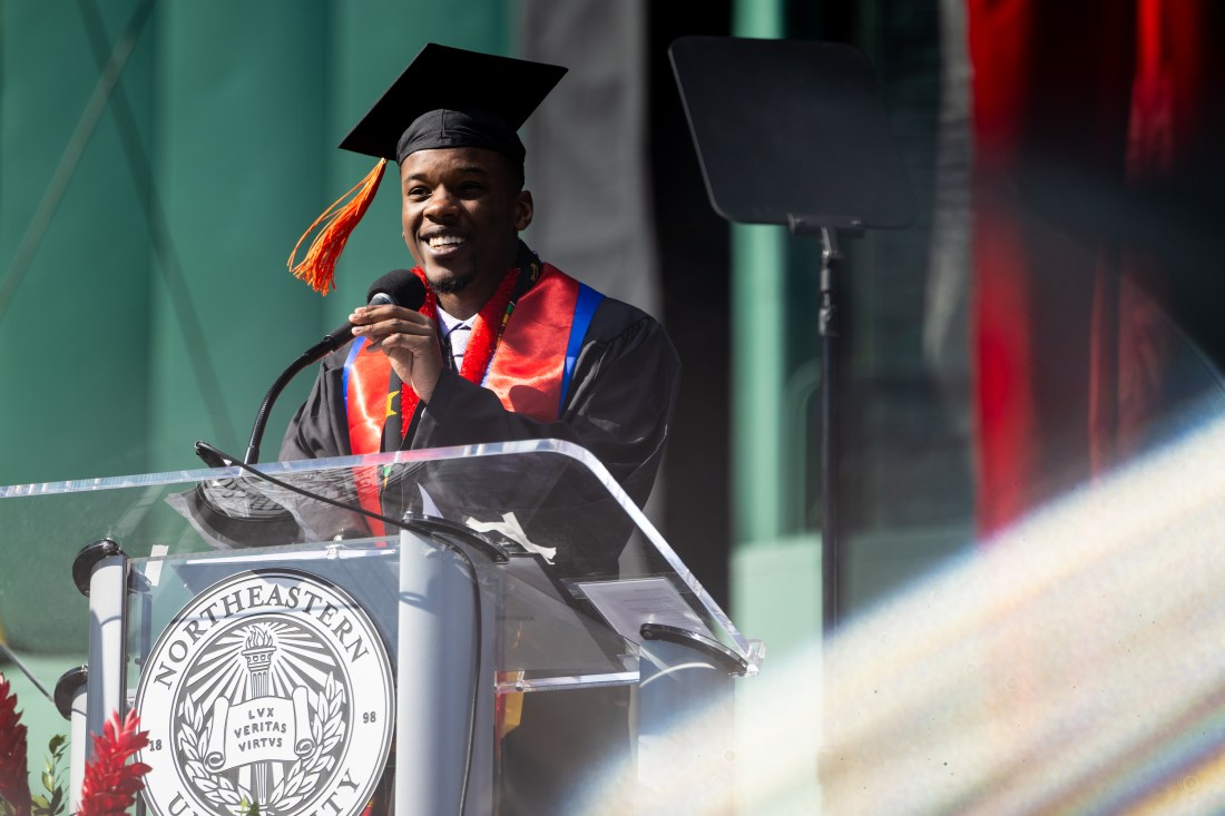 Graduate Daunte Pean speaks at the 2025 undergraduate commencement ceremony.