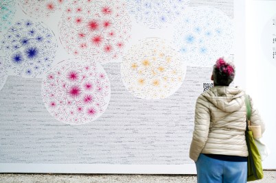 A person with pink hair and a light puffer jacket stands in front of a large wall covered in multicolored network diagrams composed of nodes and connecting lines, accompanied by dense blocks of text. The visualizations resemble data clusters in red, purple, yellow, and blue.