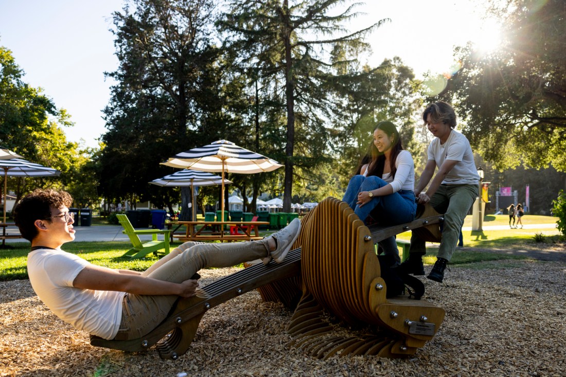 Students Lip Bahier, Catherine Wang and Joji Araki on a wooden seesaw in Oakland. There are large trees and picnic tables dappled by sunlight in the background.