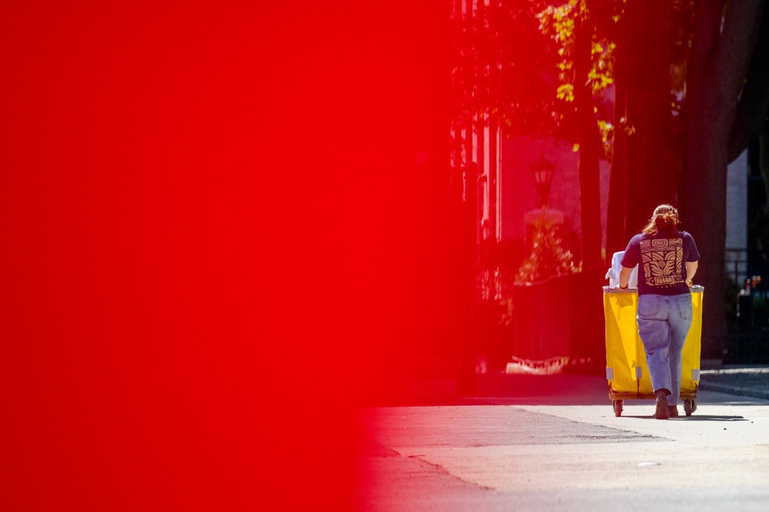A person wearing jeans and a blue t-shirt pushes a yellow wheeled card.