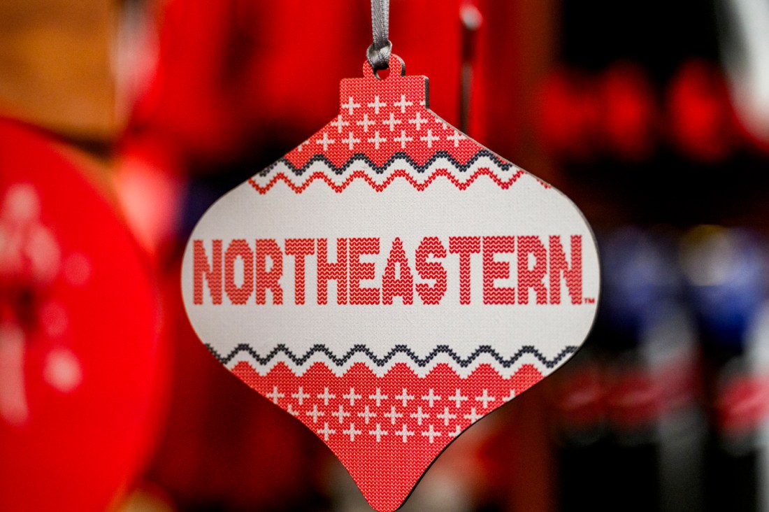 Red-and-white Northeastern Christmas ornament.
