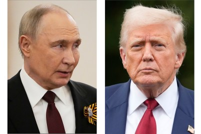 A split screen of Russian President Vladimir Putin, on the left, and U.S. President Donald Trump, on the right.