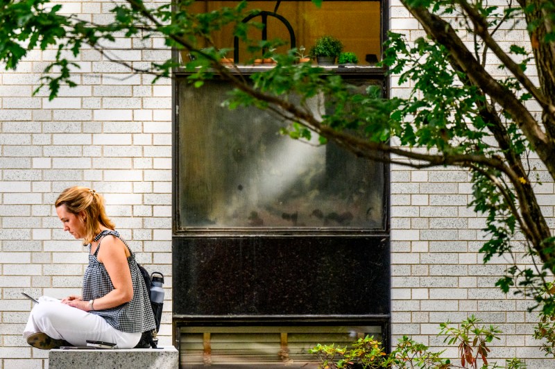 A student sits on a stone wall under a tree on the Boston campus.