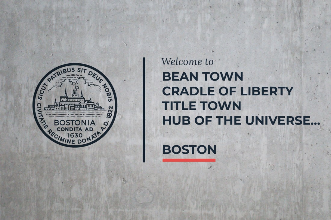 The city of Boston seal on a grey surface with the words 'Welcome to BEAN TOWN CRADLE OF LIBERTY TITLE TOWN HUB OF THE UNIVERSE... BOSTON' on it.