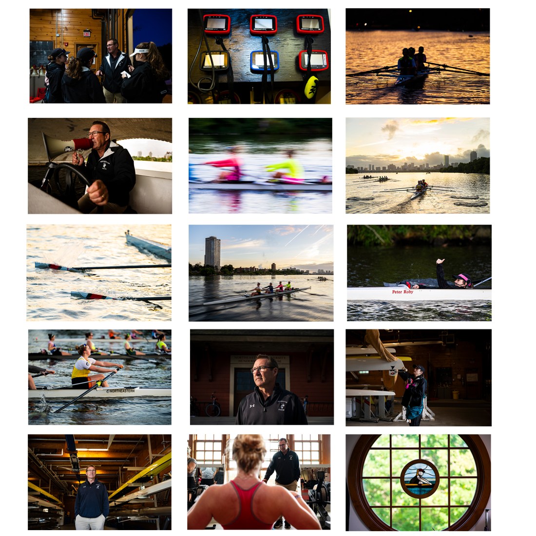 A collage of rowing scenes showing a coach guiding athletes, rowers training on the water at sunrise and sunset, close-ups of oars and racing shells, motion-blurred action shots, team discussions inside the boathouse, and symbolic details like performance monitors and a stained-glass window with a rower design.