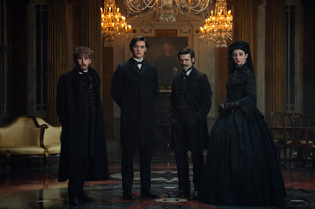 Three male actors and a female actress depicted in a serious portrait wearing 19th century garb, in Netflix’s House of Guinness.
