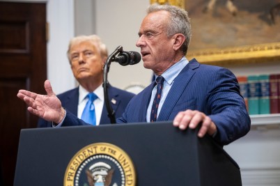 Health and Human Services Secretary Robert F. Kennedy Jr. speaks while President Donald Trump looks on during announcements on autism in the Roosevelt Room.