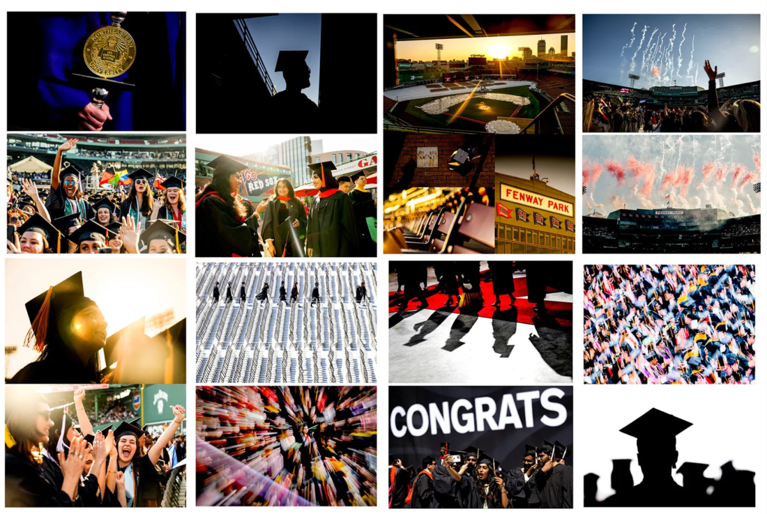 A collage of sixteen photos taken from Northeastern's 2025 graduation ceremony at Fenway Park, featuring predominately graduates in cap-and-gown enjoying the festivities.