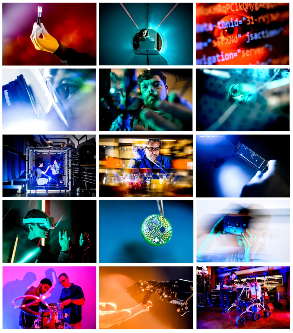 Collage of twelve vibrant research and technology-themed images, including scientists handling lab samples, a person inside an MRI scanner, computer code on a screen, close-ups of lab equipment, researchers working with robotics, a circuit board, and people using virtual reality headsets. The photos feature bright neon lighting and futuristic colors, emphasizing innovation in science and engineering.