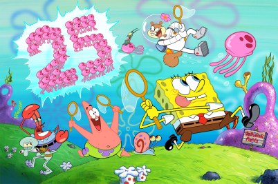 An animated snapshot of the characters in "Spongebob," frolicking in an underwater field while catching purple jellyfish.