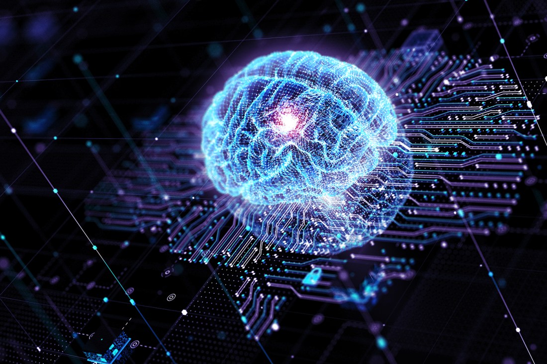 A computer-generated image of a brain, giving off a bright blue color.