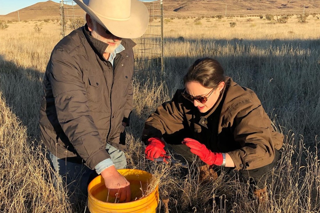A male and female cattle rancher tending to the grass in a field.