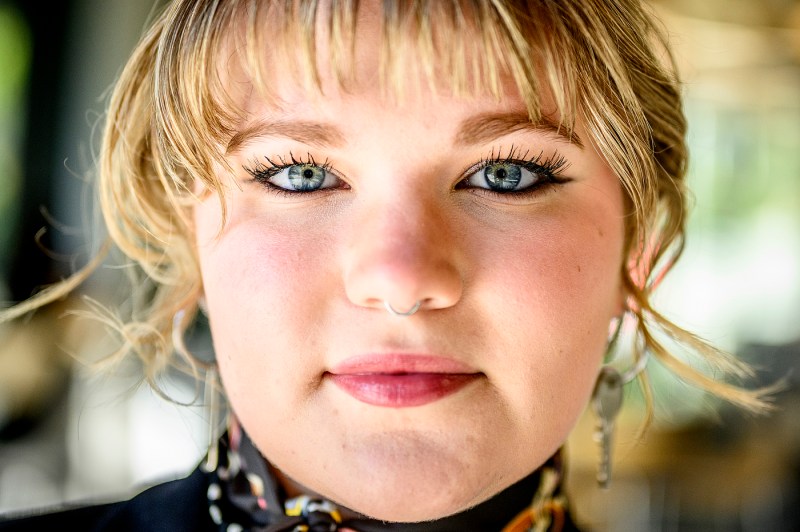 Wehr looking directing into the camera for a close-up.